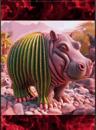 a painting of a hippopotamus with cactus on its back