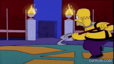 a cartoon of homer simpson holding a large axe with gifrun.com written on the bottom