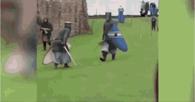 a group of medieval knights are standing on top of a lush green field .