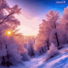 a painting of a snowy forest with the word lekaok on the bottom right
