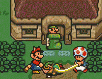 a pixel art of mario and luigi in front of a building