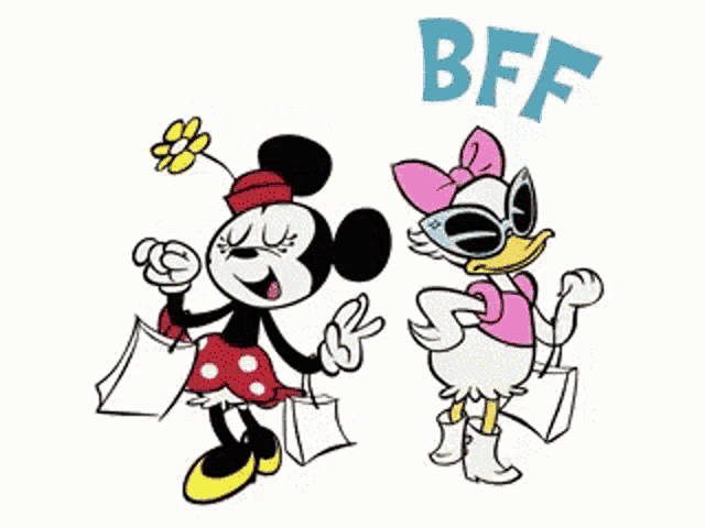 a cartoon of minnie mouse and daisy duck standing next to each other with bff written on the bottom
