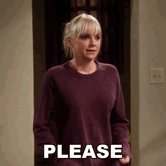 a woman in a purple sweater is asking for a please