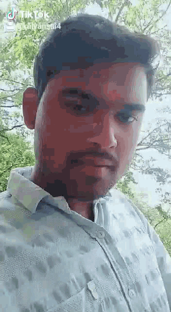 a man with a beard and mustache is standing in front of trees .