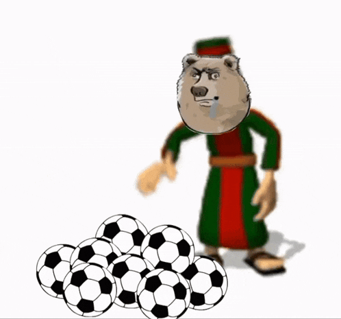a bear in a green robe is throwing soccer balls