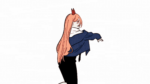 a cartoon drawing of a girl with long hair pointing upwards