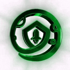 a green circle with a shield and a rocket inside