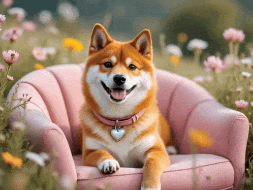 a dog wearing a pink collar is laying on a pink couch