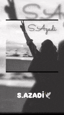 a black and white photo of a woman giving a peace sign and the name s. azadi
