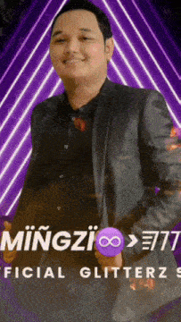 a man in a suit is standing in front of a purple background that says mingzi