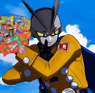 a cartoon character holding a bag of skittles and a bag of oreos