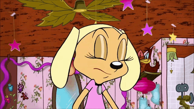 a cartoon dog is standing in front of a wall with flowers and stars hanging from it