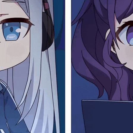 a close up of a girl 's face with headphones and a close up of a girl 's face with purple hair