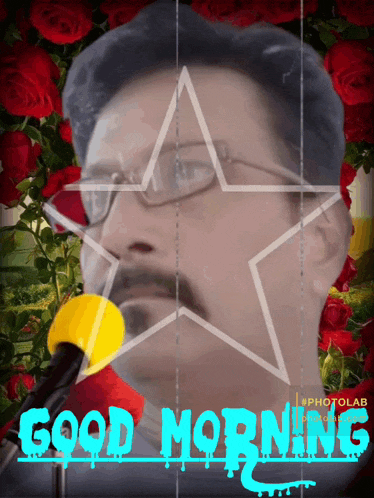 a man singing into a microphone with the words " good morning " written below him