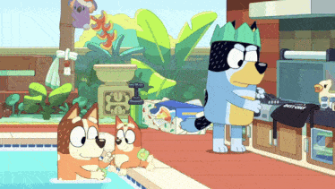 a cartoon of a dog standing next to a grill that says " action "