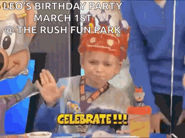a young boy wearing a crown is celebrating his birthday at the rush fun park on march 1st .