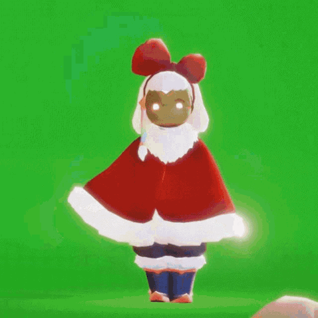 a cartoon character is standing on a green screen wearing a santa outfit .