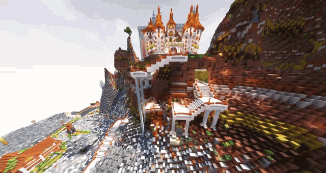 a minecraft screenshot of a castle on a hill