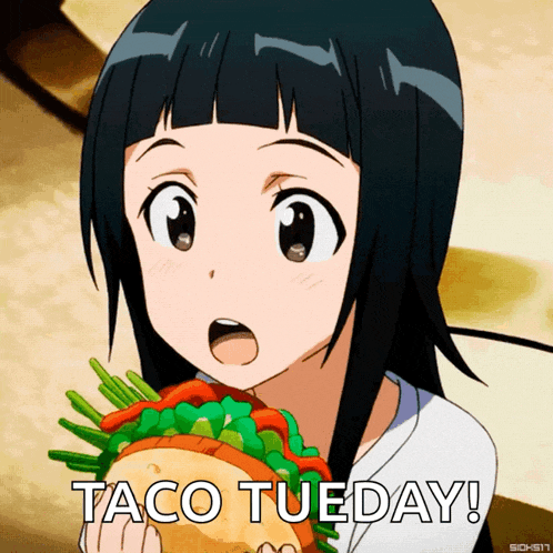 a girl is eating a taco tuesday with a surprised look on her face