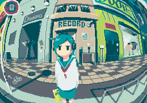 a girl stands in front of a record store