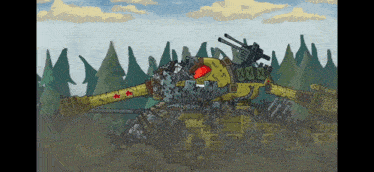 a cartoon drawing of a destroyed tank with the letters xxx on the side