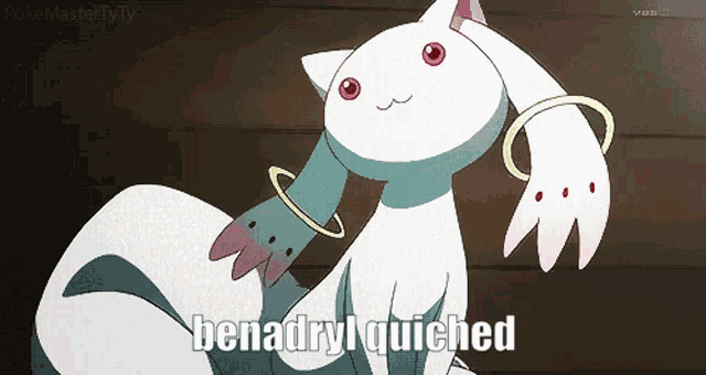 a picture of a white cat with the words benadryl quiched on it