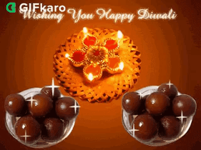 a gifcard wishing you happy diwali with two bowls of sweets and a lit lamp