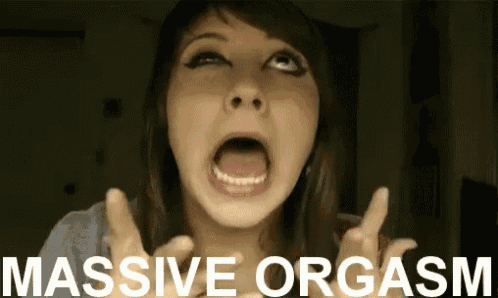 a woman is making a funny face with the words massive orgasm written below her