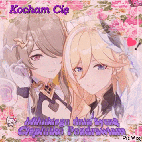 two anime girls are standing next to each other with the words kocham cie