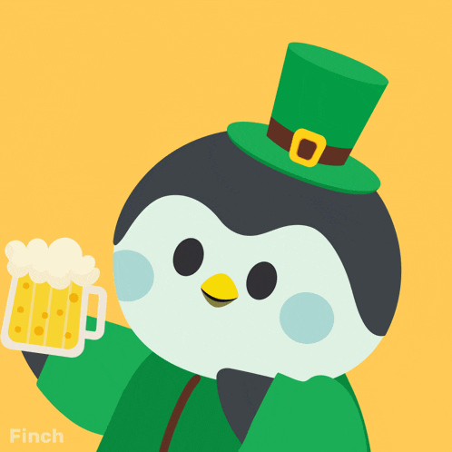 a penguin wearing a green top hat is holding a beer