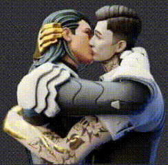a couple of men kissing each other on the cheek .