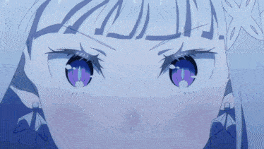 a close up of a person 's face with purple eyes
