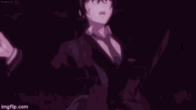 a close up of a person 's face with a purple background and smoke coming out of it .