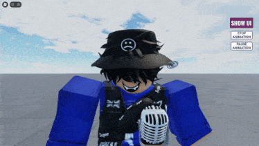 a cartoon character with a sad face on his hat and a microphone