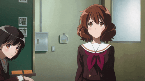 two anime girls are standing next to each other in front of a chalkboard with chinese characters on it