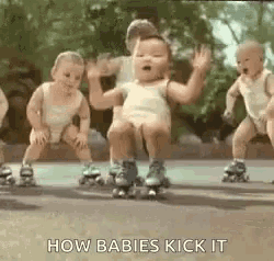 a group of babies are rollerblading on a sidewalk and dancing .