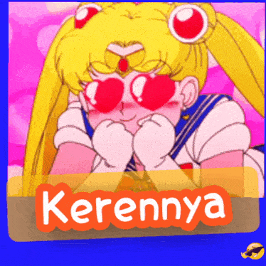 a cartoon of a girl with hearts in her eyes and the word kerennya below her