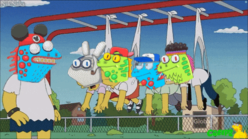 a group of cartoon characters are hanging upside down on a monkey bars in front of a globe building