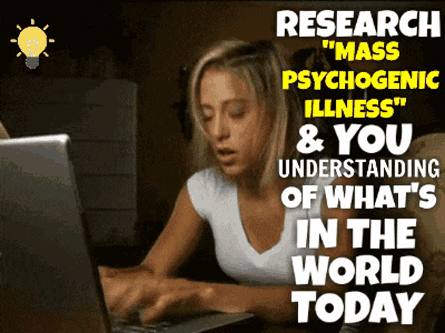 a woman typing on a laptop with the words research mass psychogenic illness