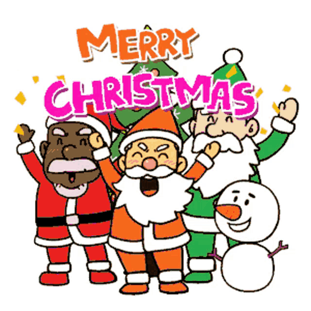 a merry christmas greeting card with santa clauses and snowmen