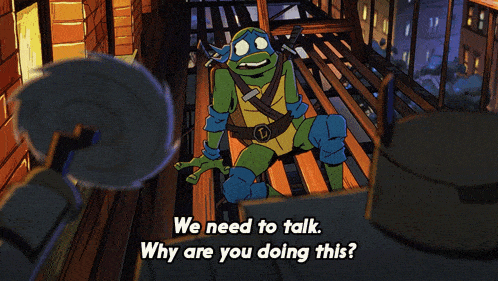 a cartoon of a teenage mutant ninja turtle says we need to talk