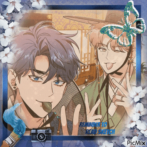 a picture of two anime characters with the words reminder to read sketch in the corner