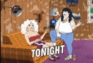 a cartoon of a woman sitting on a couch and a man standing next to her with the words tonight in white letters