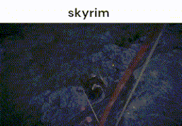 a screenshot of a video game called skyrim with a person holding a sword in the foreground .