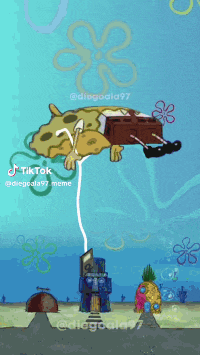 a cartoon of spongebob floating in the air with a balloon