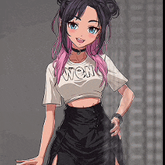 a girl with pink hair is wearing a crop top with the word wem written on it .