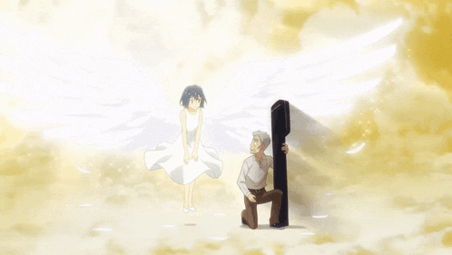 a man is kneeling down in front of a girl with wings