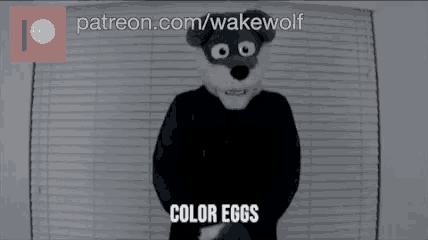a person in a wolf costume with the words color eggs written below them