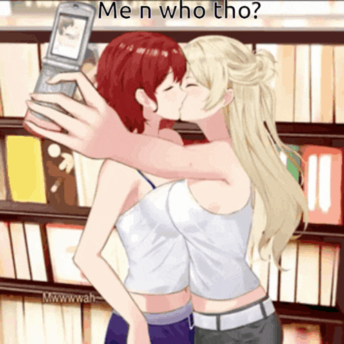 a cartoon of two girls kissing with the words me n who tho below them