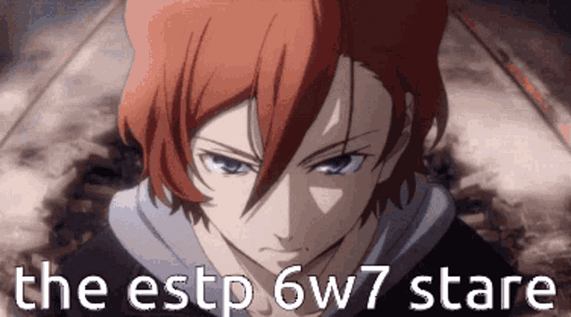 a close up of a person with the words " the estp 6w7 stare " on the bottom